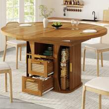 Extendable Dining Table 118-158cm, Dining Table With Rattan Storage Drawers, MDF Wood Look, Black & Natural Oak Style - Brown - View 8