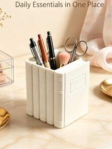 Creative Book-Shaped Makeup Brush Holder, INS Light Luxury Vanity Lipstick & Eyebrow Pencil Storage Box, Office Desk Pen Holder Stationery Organizer, Highly Attractive Desktop Storage - White - View 3