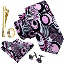 Business Commute Men's Tie 5-Piece Set, Black Pink White Geometric Circle Pocket Square, Cufflinks, Gold Tie Clip, Ring, Formal Outfit Matching - Multicolor - View 2
