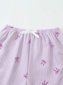 2pcs/Set Women's Pajamas Homewear Set Striped Bow Print Long Sleeve Lapel Top And Pants Autumn/Winter - Purple - View 6