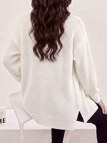 Solid Color Loose Casual Cardigan With Side Slit, Spring & Fall White - White - View 2