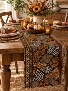 African Safari Patchwork Animal Print Table Runner, Pillow Case, Placemat, Bohemian Zebra Leopard Giraffe Pattern, Geometric Border Dining Table Party Kitchen Home Decor - Multicolor - View 2