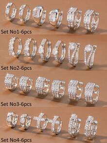 6pcs/1set, Luxury Alloy Zirconia Stud Earrings Set, Multiple Styles Of Full Rhinestone Shiny Hoop Earrings, Various Geometric Cross Design, Women's Fashion Earrings, Suitable For Daily Commute, Party, Gathering, Gift, Versatile Accessory - Multicolor - View 1