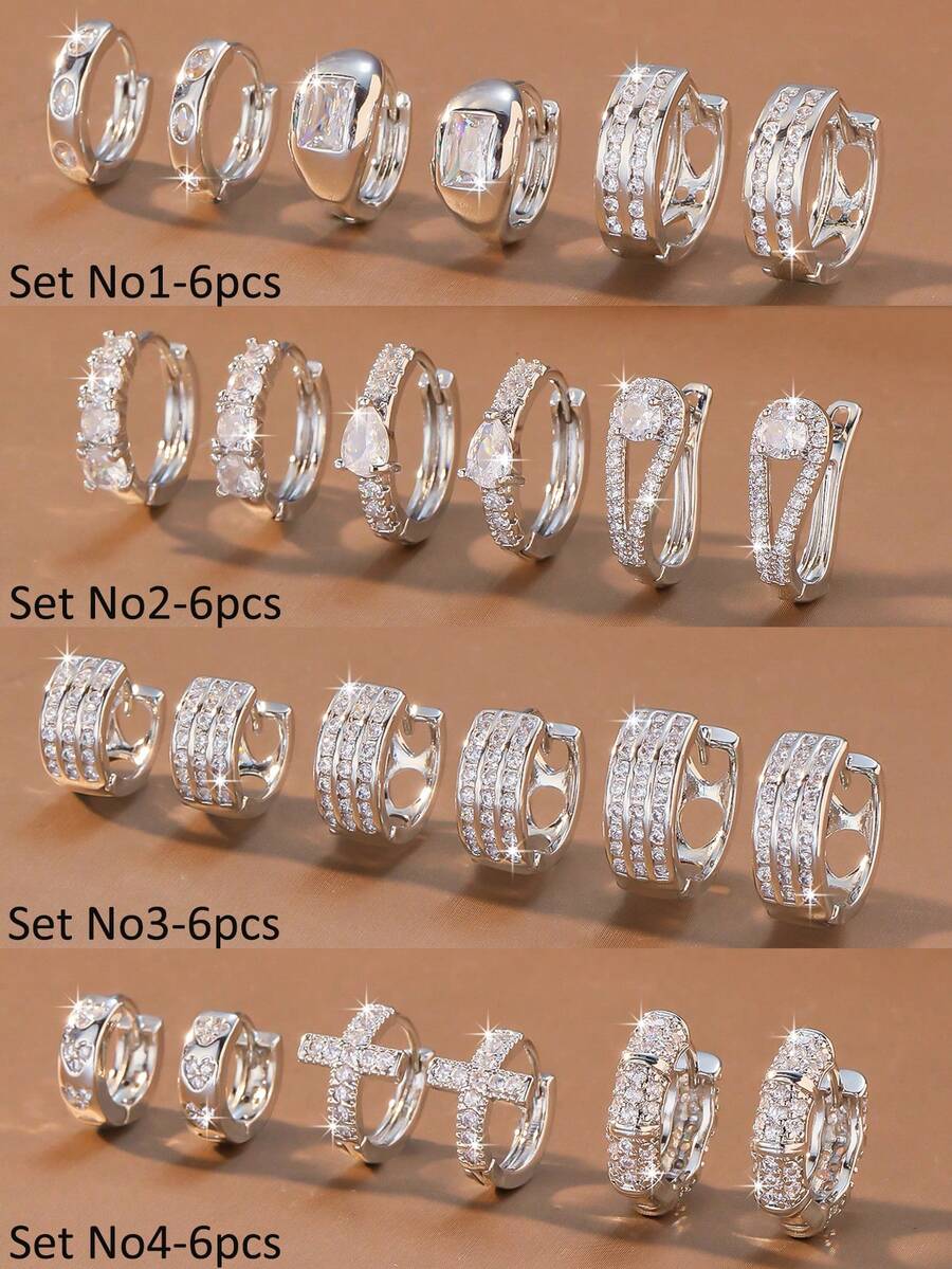 6pcs/1set, Luxury Alloy Zirconia Stud Earrings Set, Multiple Styles Of Full Rhinestone Shiny Hoop Earrings, Various Geometric Cross Design, Women's Fashion Earrings, Suitable For Daily Commute, Party, Gathering, Gift, Versatile Accessory - Multicolor - View 1