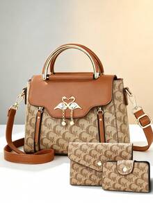 Retro Allover Letter Print Handbag Combo, Color Block Splicing Shoulder Bag With Detachable Adjustable Strap & Gold Metal Hardware - Brown - View 3