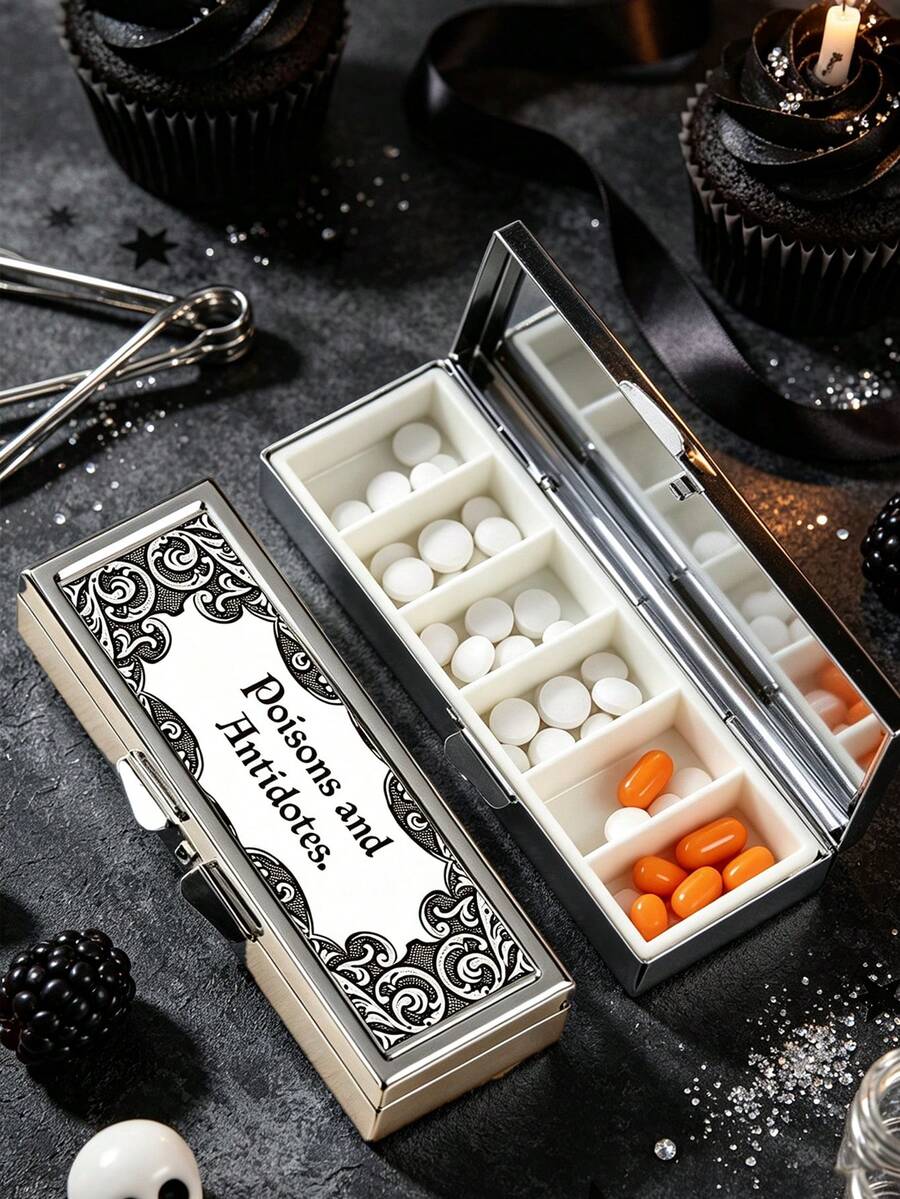 "Poisons And Antidotes" Storage Box With Mirror, Vintage European Style Jewelry Box, Portable Pill Dispenser, Precise 1-2 Pill Dispenser, Convenient Medication Storage Box, Easy-To-Use Design, Plastic Material, Portable Travel Pill Box, Dispensing Box, Large Capacity Medication Box, Back To School Season, Back To School Gift, Mother's Day Gift, Halloween Gift - Multicolor - View 1