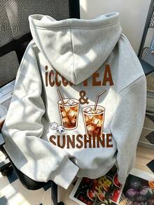 Women's Hooded Sweatshirt, New Autumn/Winter Iced Tea Drink Pattern Letter Print, Drawstring Design, With Pockets, Casual Versatile Loose Fit Top, Fashionable Daily Wear - Dark Gray - View 8