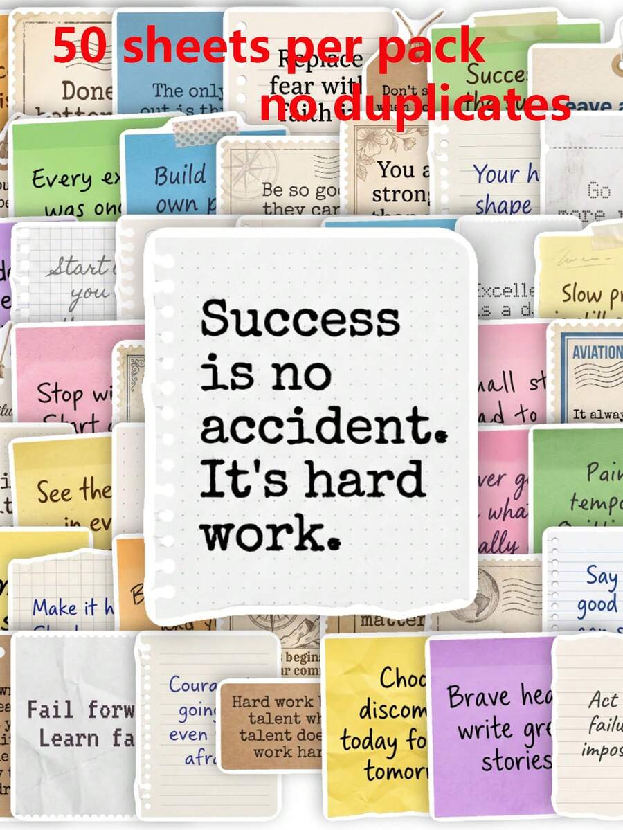 50pcs/Pack Vintage Memo Inspirational English Quote Stickers, Graffiti Decorative Stickers, Suitable For Suitcase, Laptop, Refrigerator, Phone Case, Water Bottle And Any Other Place, Self-Adhesive DIY Stickers - 1 Set - View 1