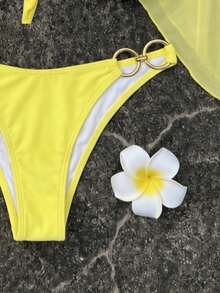 Bộ đồ bơi bikini 2 mảnh nữ mùa hè đi biển màu trơn gợi cảm, gồm áo bikini tam giác và quần lót tam giác, kèm áo khoác ngoài và chân váy mini - Màu vàng - Xem 5