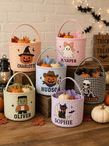 Personalized Halloween Baskets, Checkered Pattern Trick-Or-Treating Bags, Customizable With Names, Halloween Candy Buckets, Halloween Storage Baskets As Gifts. - Multicolor - View 4