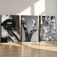 Set Of 3 Framed Canvas Wall Art, Black And White Canvas Posters, High Heels, Lips, And Perfume Prints, Ready To Hang, Home Decor Fashion Wall Art, Perfect Gift For Any Space - Multicolor - View 1