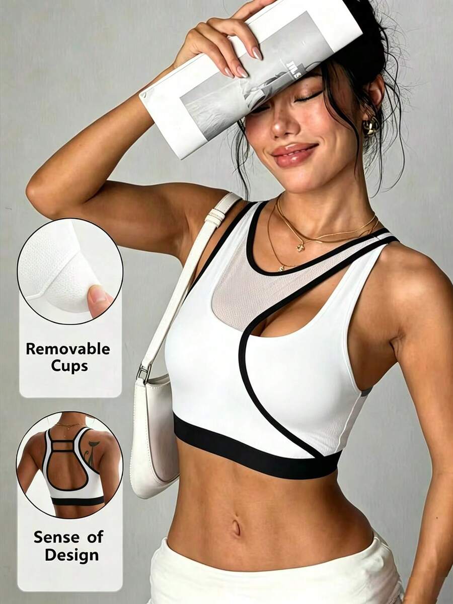 Women's Solid Color Detachable Padded Round Neck Backless Mesh Patchwork Sports Knit Bra - Multicolor - View 1