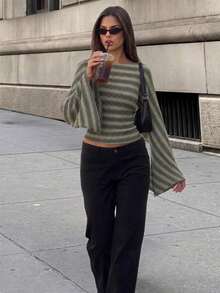 Women's Autumn Casual Commute Style Cinched Waist Flared Sleeve Y2K Fashion Colorful Striped Top, For Outings, Back To School, Rave, Office Wear - Green - View 3
