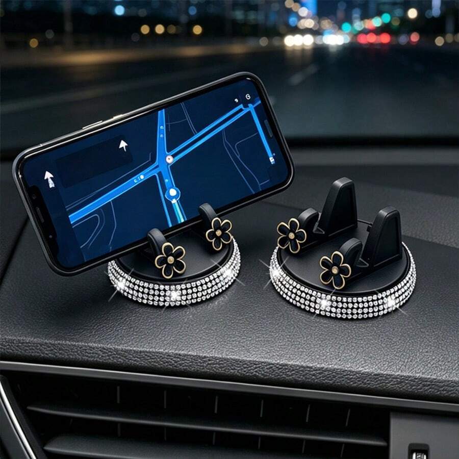Kreativ ny bilmobilhållare (guldkant med blommönster + glittrande strass) 360° roterande bling-instrumentbräda navigationsfäste med stöd och konsol, biltillbehör för kvinnor