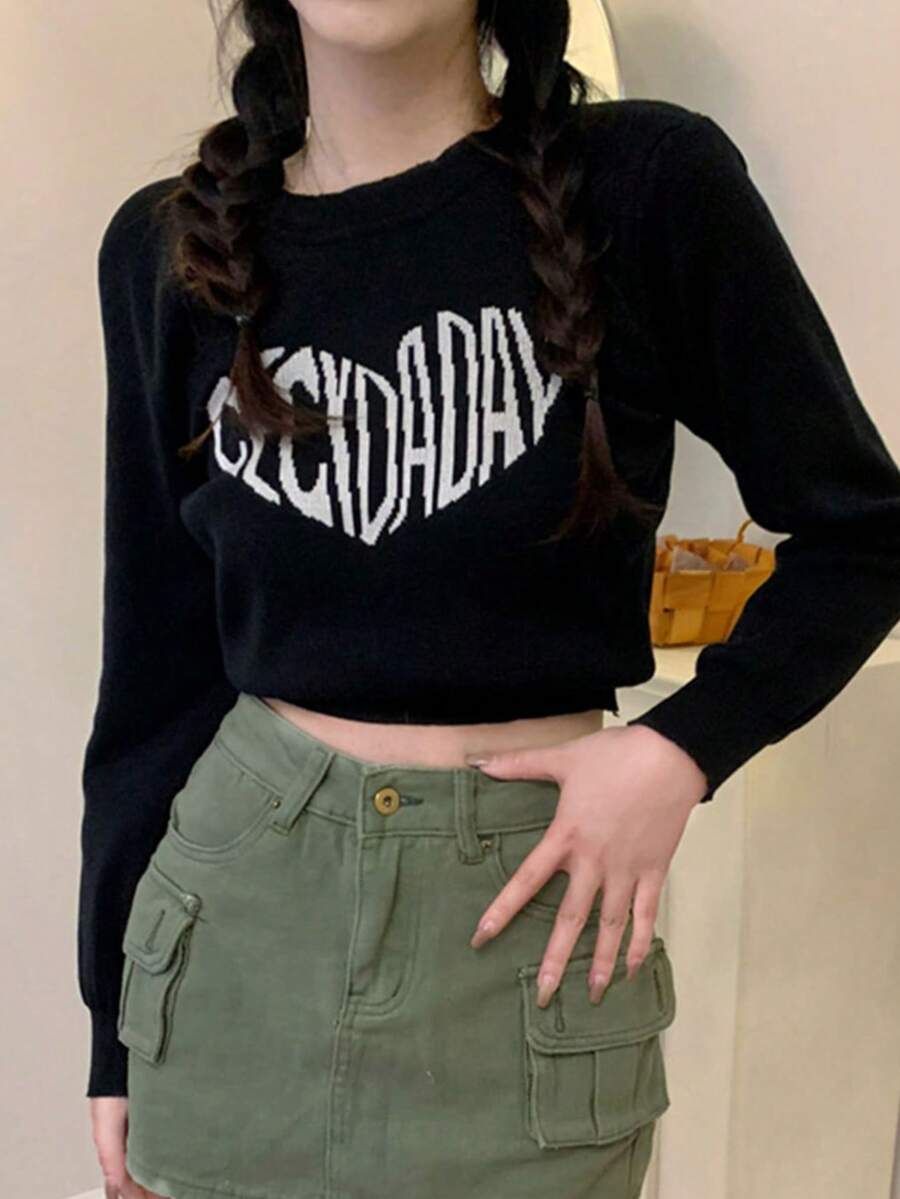 Women's Black Short Knit Sweater, Ribbed Details, Long Sleeve, Autumn Outfit Essential - Black - View 1