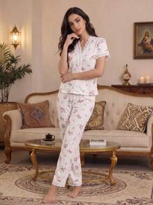 Elegant Cherry Print Women's Pajama Set - V-Neck Lace Trim Top And Slim Fit Pants, Comfortable Polyester Blend 2 Pieces Set - White - View 4