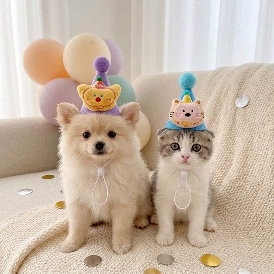Handmade Blue Felt Pet Birthday Crown, Embroidered Cat Applique & Fluffy Pom Pom Party Cone Hat, Adjustable Pet Photo Prop, Suitable For 1st Birthday, Holiday Cat & Dog Costume, Premium Pet Accessory, Best Gift For Pet Lovers
