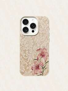 A Vintage Artistic Lace Watercolor Lily Phone Case With Gentle Leather Pattern Compatible With Apple 18Promax/11/12/13/14plus/15/16/17pro - Beige - View 2