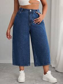 Deep Blue Straight Leg Wide Leg Cropped Plus Size Women's Jeans Solid Color Denim Washed Denim Straight Leg Wide Leg Cropped Plus Size Women's Jeans Holiday Daily All Seasons - Blue - View 3