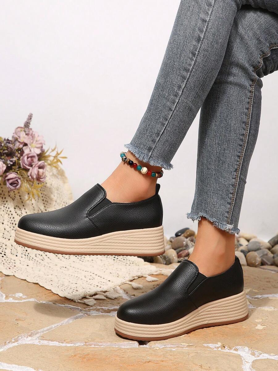 Women's New Round Toe Slip-On Thick Sole Wedge Loafers, Soft Comfortable Slouchy Casual Shoes For Daily Wear - Black - View 1