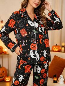2 Pieces Women's Pajama Set, Pumpkin Ghost Halloween Pattern, Gift 2-Piece Set, Lapel Button Long Sleeve, Extra Loose Elastic Waist Pants, Suitable For All Seasons, Home Wear, Outdoor Wear, Comfortable And Loose - Black - View 5