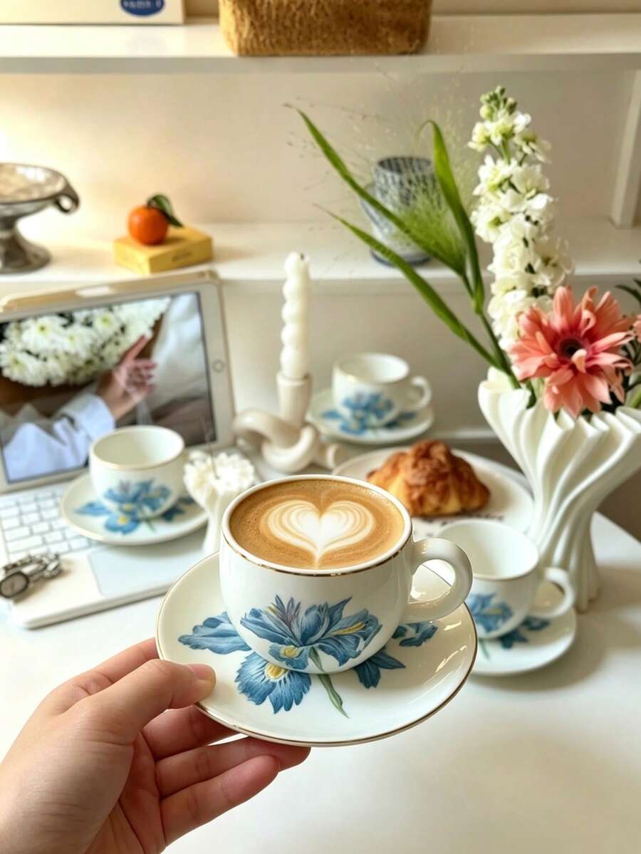 6pcs/1pc Set, 90ml Ceramic Coffee Cup And Saucer, Microwave And Dishwasher . Espresso Cup And Arabic Coffee Cup. Perfect For Afternoon Tea, Cafe, Kitchen And Home Decor; Ideal Gift - Multicolor - View 1