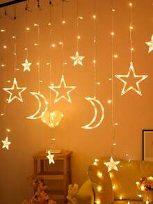1pc Christmas Star Moon Curtain Lights,Battery Powered LED Window Curtain String Lights With Steady On & Flash Modes, Hanging Star Moon Fairy Lights For Christmas, Bedroom, Window, Indoor Room Holiday Wall Decorations String Lights - Clear - View 8