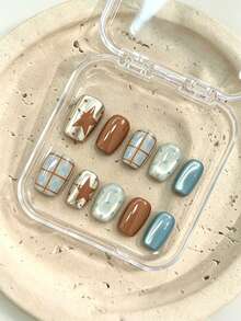10pcs Pure Handmade Short Square Multicolor Press On Nails, Y2k Vintage Cool Style, Blue‑Brown Cat‑Eye, Five‑Pointed Star & Plaid Grid Patterns For Women And Girls, Spring Summer Fall Winter Festivals Party And Daily Life Use - Multicolor - View 2