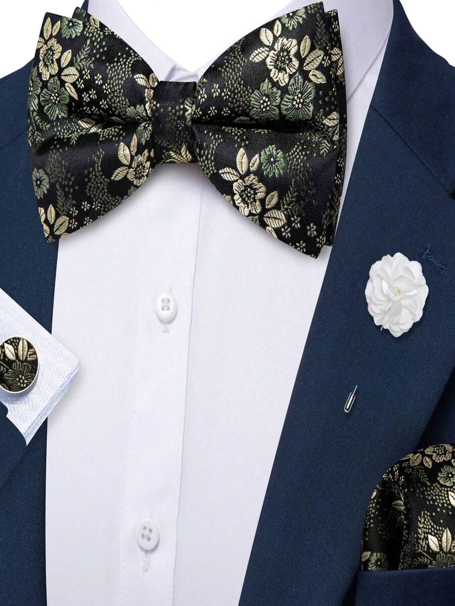 4件組男士深綠色小碎花提花領結口袋巾袖扣胸針套裝,適用婚禮、商務、派對 - 墨綠色 - 查看 1