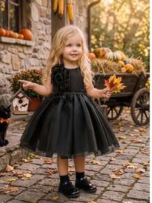 Baby Girls Round Neck 3D Flower Solid Color Organza Cute Birthday Party Puff Princess Dress Suitable For Holidays, Headband Not Included - Black - View 3