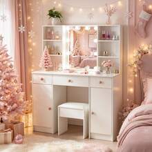 NEW Dressing Table Vanity Table W/ LED Mirror 6 Shelves Makeup Vanity Stool Set - White - View 4