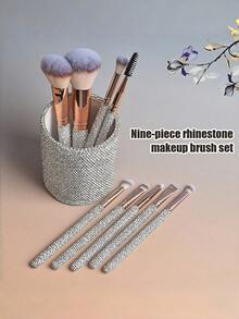 9pcs Makeup Brush Set With Foundation, Contour, Eyeshadow, Eyebrow Brushes And Storage Cup, Suitable For Travel, Date, Party, Photography, Daily Makeup, Soft Handle And Bristles, Portable Makeup Set, Shiny Makeup Essentials - Multicolor - View 5