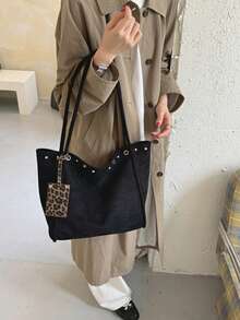 1pc Retro Faux Suede Hobo Shoulder Bag, Rivet Detail With Leopard Charm Pendant, Large Capacity Casual Daily Commuter Handbag - Black - View 7