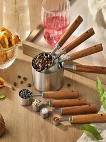 8‑Piece Stainless‑Steel Measuring Cup And Spoon Set With Engraved Markings On Wooden Handles, Stackable Or Hangable For Storage, For Precise Measurements In Baking, Cooking And Coffee Seasoning - Silver - View 2