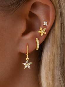 8pcs Women's Fashion Minimalist Copper Zirconia Flower Bling Bling Sparkling Inlaid Earrings Set, Low Hypoallergenic, Suitable For Vacation, Date, Party, Ball, Banquet, Holiday, Birthday Gift, Daily Wear - Gold - View 1