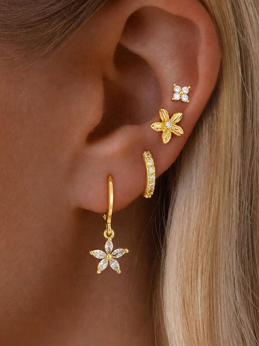 8pcs Women's Fashion Minimalist Copper Zirconia Flower Bling Bling Sparkling Inlaid Earrings Set, Low Hypoallergenic, Suitable For Vacation, Date, Party, Ball, Banquet, Holiday, Birthday Gift, Daily Wear - Gold - View 1