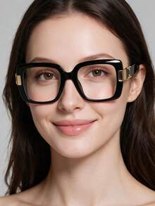 1pc European & American Style Square Large Frame With Metal Decorative Accessories, Minimalist Unisex Plano Glasses, High-End Frame Suitable For Gifting - Clear - View 3