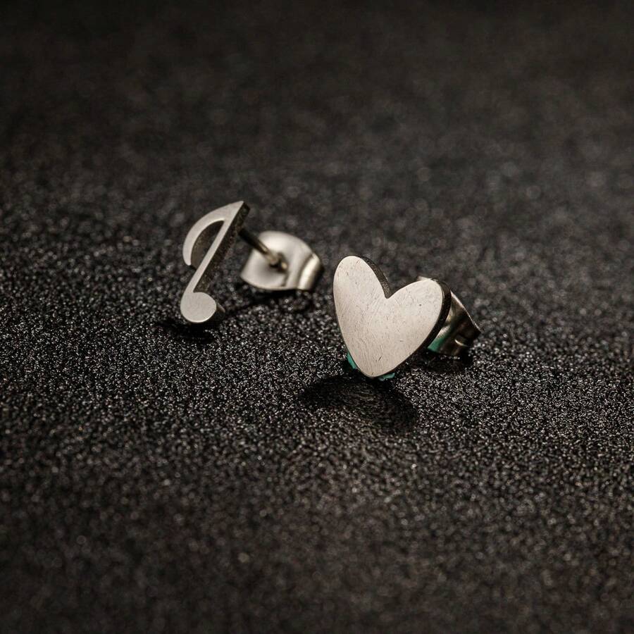 1 Pair Stainless Steel Earrings Heart Music Symbol Unusual Earrings For ...