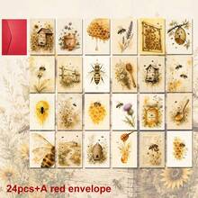24pcs+1 Amplop Merah Kartu Pos Bunga Lebah Elegan, Kartu Ucapan Bertema Alam, Menampilkan Madu Manis dan Lebah, Cocok untuk Teman, Musim Semi, Gaya Seni Vintage - Set - View 7