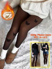 80G/200G Autumn/Winter Sheer Butterfly Pattern Thermal Lined Thick Tights, Coffee Color, Daily Casual, Halloween, Christmas Gift - Multicolor - View 6
