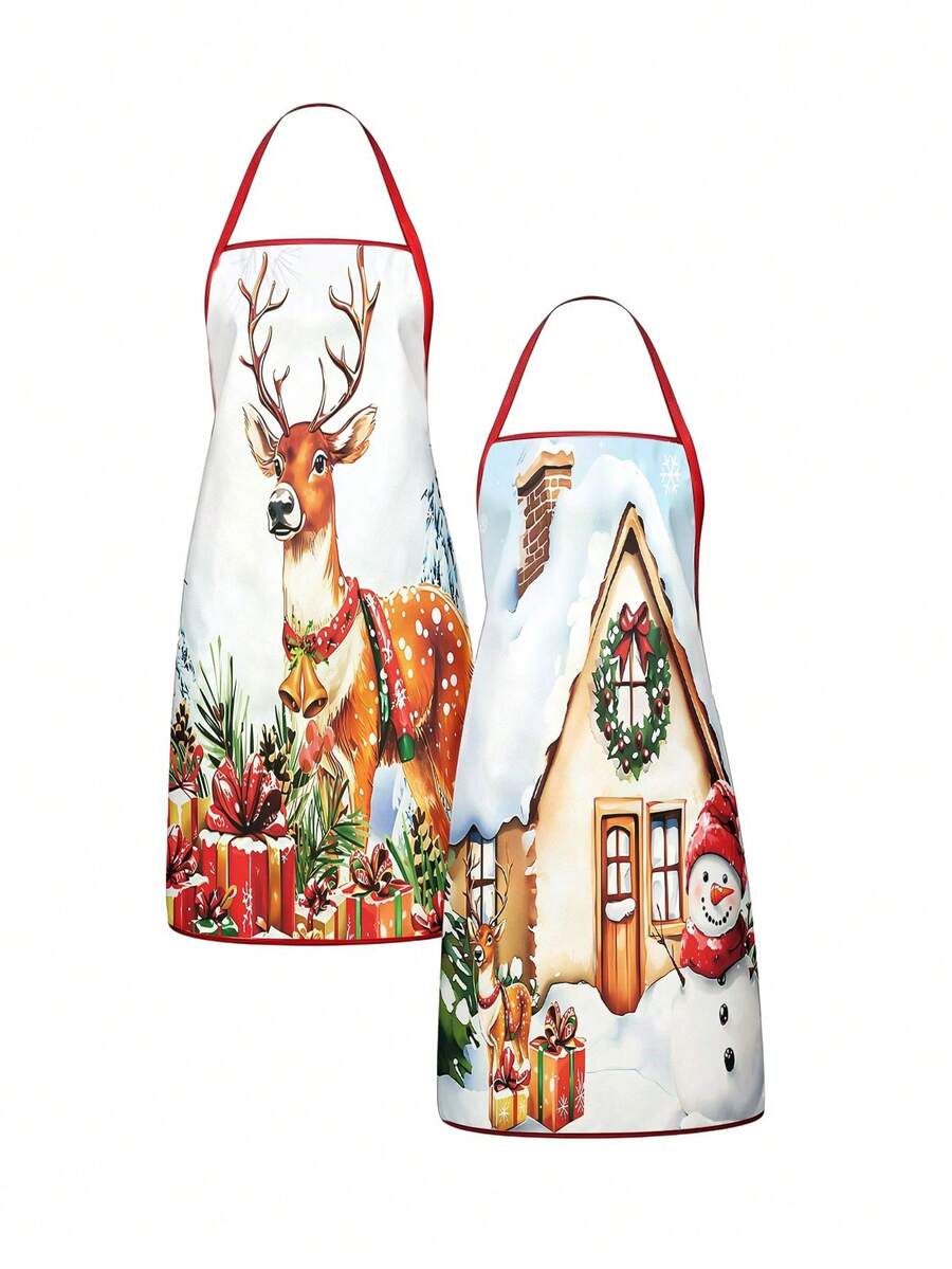 2pcs Christmas Cartoon Character Print Apron Set, Penguin Santa Snowman Elf Pattern Kitchen Cooking Baking Aprons For Holiday Party Home Decoration - Multicolor - View 1