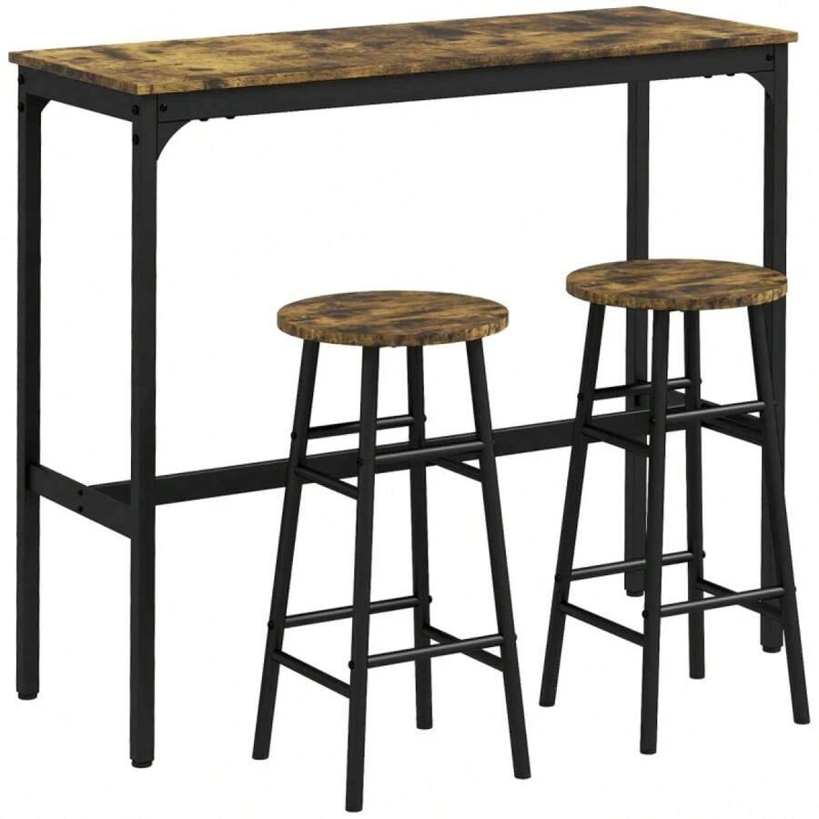 3 Piece Bar Table Set With 2 Stools, Industrial Bar Table And Stool, Dining Table And Chair, - Rustic Brown + Engineered Wood - View 1