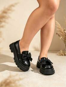 Women's Wide Fit Loafers Thick Platform Sole Bow Knot Slip-On Versatile Plus Size Shoes - Black Butterfly Flower - View 4