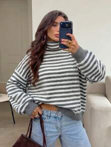 Pullover Rajut Leher Tinggi Bergaris Blok Warna Longgar untuk Wanita, Sweater Lengan Panjang Kasual Hangat, Cocok untuk Perjalanan Sehari-hari dan Pakaian Kantor di Musim Gugur/Dingin - MultiWarna - View 3