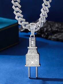 1PC Iced Out Plug Pendant Necklace, Hip Hop Bling Cuban Link Chain Power Plug Charm For Men Rapper Party Jewelry - Full Diamond Plug Pendant Cuban Chain - View 8