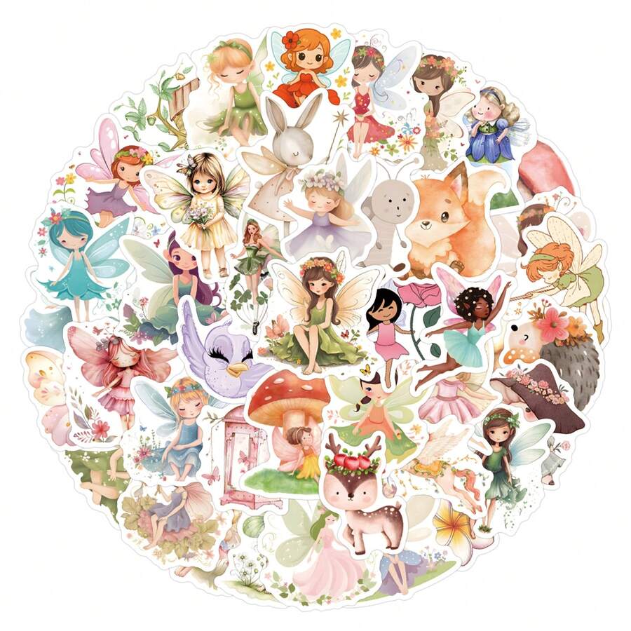 55Pcs Fairy Stickers Pack | Beautiful Pattern Stickers, Vintage Decorative Decals Bottles, Decorative Paper, Journaling, Laptop, Bumper, Skateboard, Scrapbook, Suitcase, Refrigerator, Plan Book, Keyboard, Car Sticker - Elf - View 1