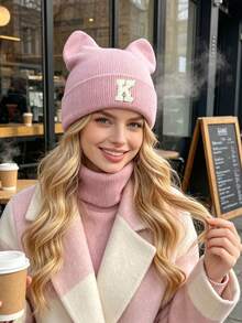 1pc Women's Bunny Ear Hat With Lettering & Cat Ears - Lightweight Warm Brimless Suitable For Winter, Christmas Thanksgiving ,Birthdays Gift - Pink - View 2