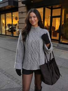 NOVELLE Women Elegant Black Fall Winter Long Sleeve Knit Sweater With White Ruffle Trim Top For Date Party Daily Commute Office Outing Gathering - Grey - View 2
