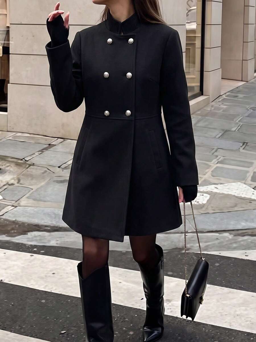 PoPoHouse Fall Winte Women's Vintage Stand Collar Double‑Breasted Woolen Coat, Elegant Commuter A‑Line Mid‑Length Overcoat - Black - View 1