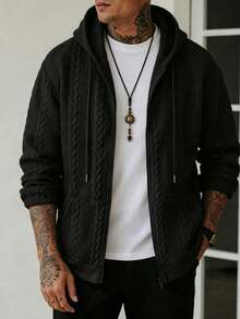 Men's Textured Jacquard Hooded Zip-Up Sweatshirt Jacket, Casual Long Sleeve Sweatshirt Top With Pockets - Black - View 5